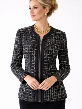 Elie Tahari Long Black/ White Fuzzy Boucle Tweed Career Old Money Blazer Sz 12